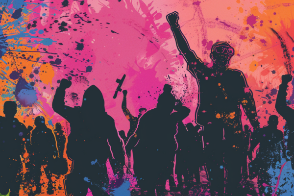 A line drawing of angry protesters with colorful splashes in the background, capturing the intensity of anti-Mormon activism.