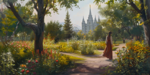 A young woman walks through the serene and beautifully maintained grounds of the Salt Lake Temple symbolizing peace and spirituality which come from keeping covenants.