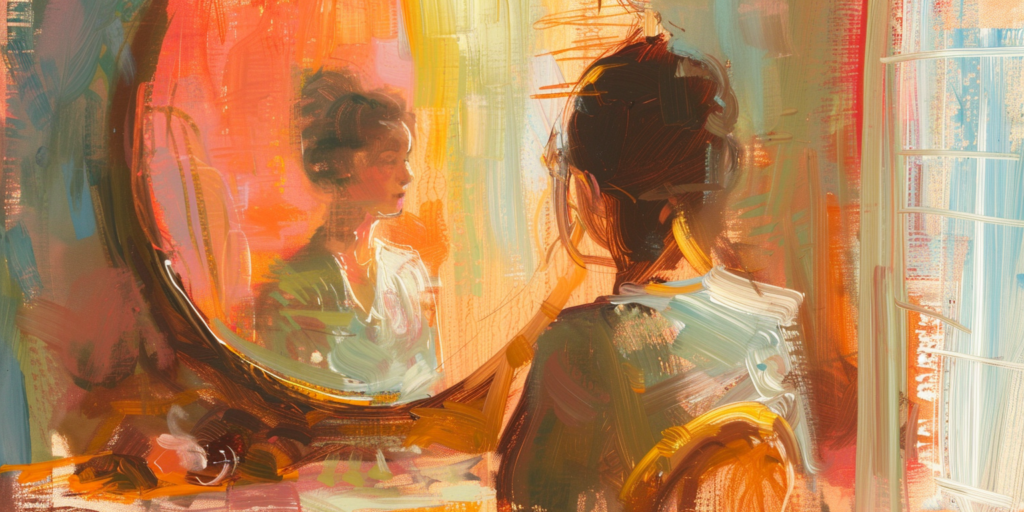 A woman contemplates her reflection in a mirror, symbolizing introspection on her own identity.