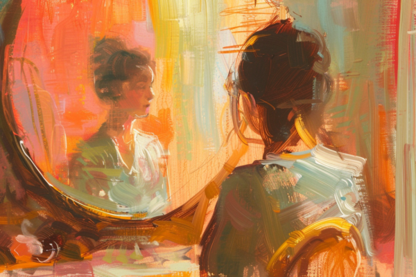 A woman contemplates her reflection in a mirror, symbolizing introspection on her own identity.