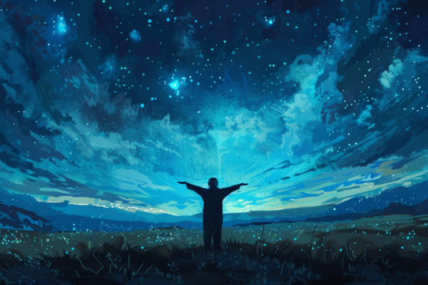 A lone figure stands with arms outstretched at a beautiful night sky illustrating the enduring power of joy even in darkness.