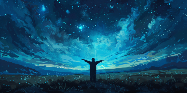 A lone figure stands with arms outstretched at a beautiful night sky illustrating the enduring power of joy even in darkness.