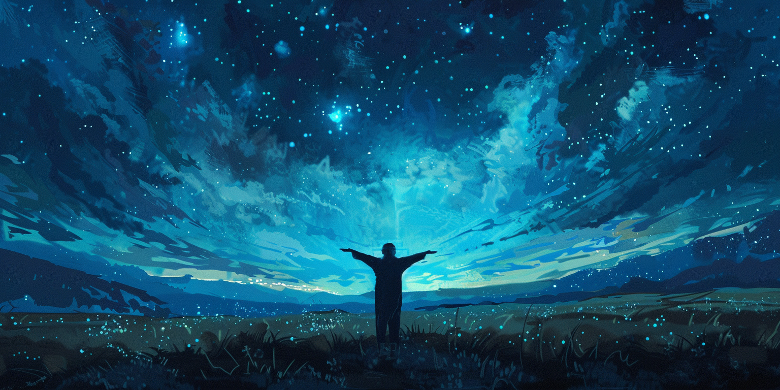 A lone figure stands with arms outstretched at a beautiful night sky illustrating the enduring power of joy even in darkness.