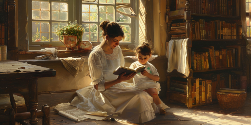 A mother passes on knowledge to her child, illustrating the power of motherhood through education.