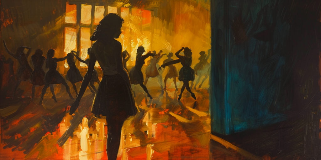 A woman stands apart in a dance studio, symbolizing the challenges of building community.