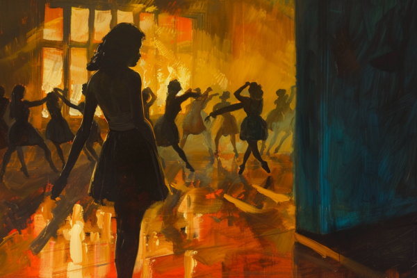 A woman stands apart in a dance studio, symbolizing the challenges of building community.