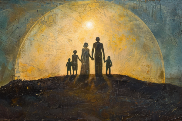 Prophets, the Proclamation, and the “Arena of Warring Gods” A family stands together in the light of the sun, emphasizing that families are eternal.