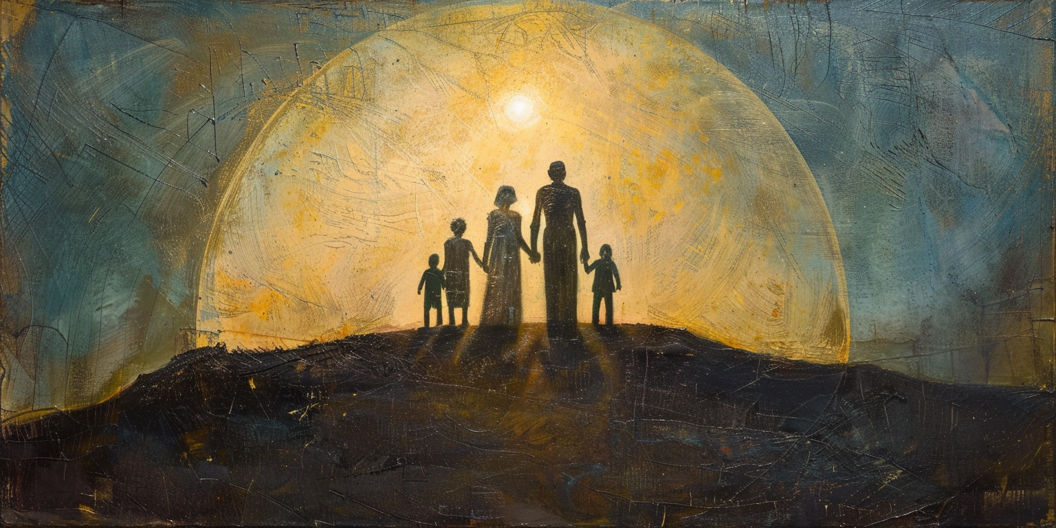 A family stands together in the light of the sun, emphasizing that families are eternal.