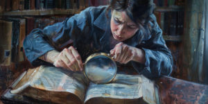 A person intently examines a Bible through a magnifying glass, symbolizing numerology. 