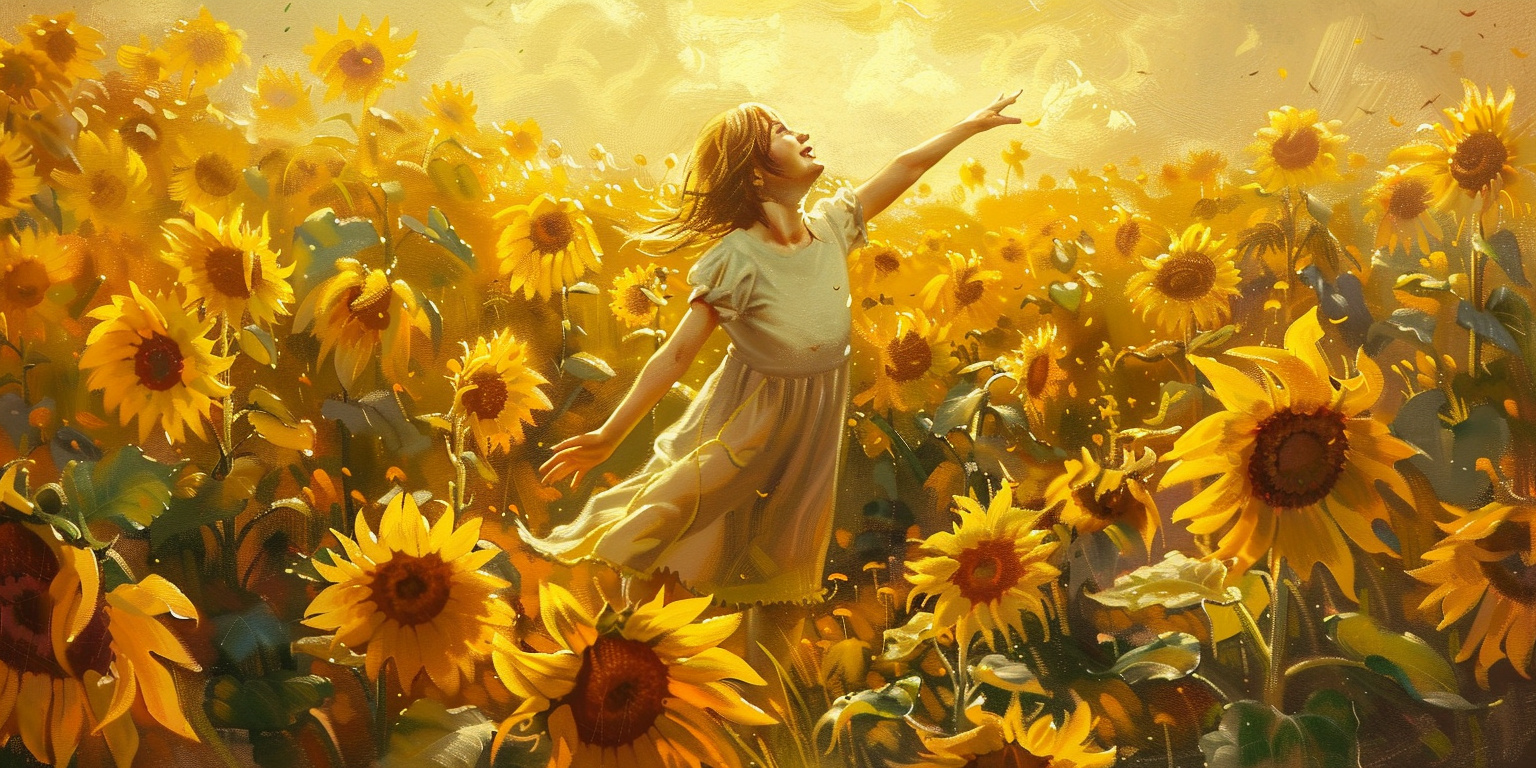 A young girl amidst sunflowers reaching for sunlight, embodying joy vs happiness.