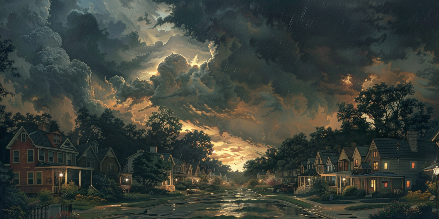 A quiet suburb under a dramatic apocalyptic sky, illustrating the hidden dangers of extremist beliefs related to Chad Daybell.