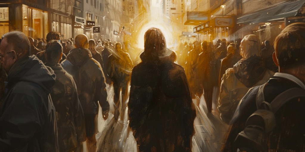 Man Walking Through Crowd of People Towards Light | The Garment of the Holy Priesthood: Its Principle, Purpose, & Power | Public Square Magazine | Mormon Underwear Garment
