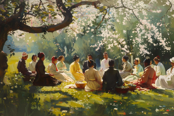 An image of people of various religious denominations sitting peacefully together under a tree, symbolizing unity and peace.