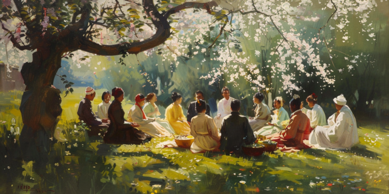 An image of people of various religious denominations sitting peacefully together under a tree, symbolizing unity and peace.