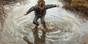 A child playing in the rain captures the spontaneous joy, illustrating how it is different than happiness.