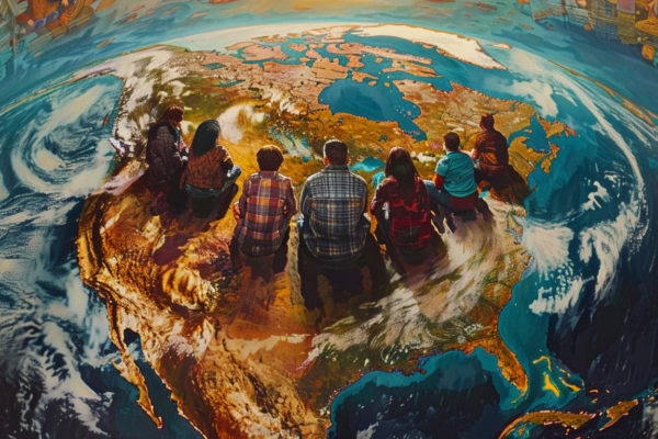 A globe highlighting North America with people kneeling in a prayer circle, representing the idea that Jesus can heal America through prayer