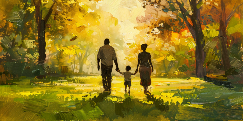 Parents walking with children in a park illustrating the benefits of and drawbacks of divorce through family togetherness.