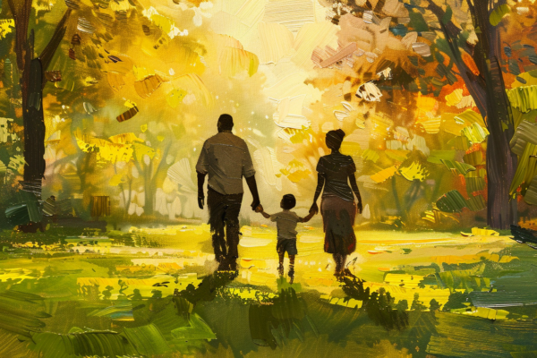 Parents walking with children in a park illustrating the benefits of and drawbacks of divorce through family togetherness.