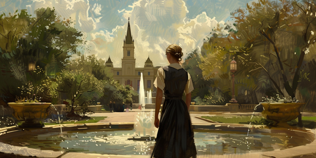 A young woman entering a temple of The Church of Jesus Christ, representing faith and same-sex attraction