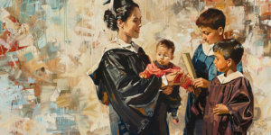 A graduating woman manages both academic success and motherhood, embodying the challenge and triumph of motherhood viability