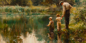 Parents and children bond while fishing in a tranquil setting, illustrating the serene connection within eternal families.