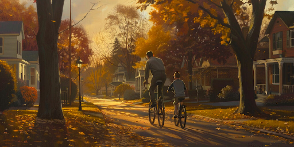 Father & Son Riding Bikes in Neighborhood | In Defense of the Ideal Father | Public Square Magazine | The Ideal Father Figure | An Ideal Dad | Being The Perfect Father