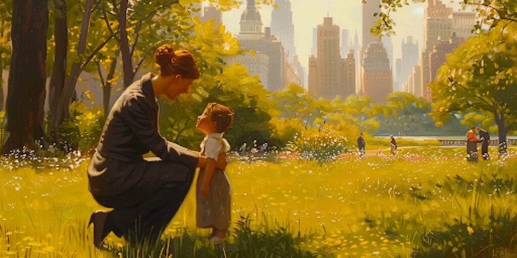 A working woman prioritizes family amidst the city's rush, symbolizing her commitment to motherhood.