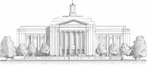 A detailed line drawing of an LDS temple, showcasing its architectural features.