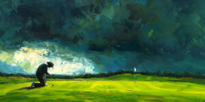 A golfer lines up a putt under a clearing storm, illustrating resilience and life lessons from golf.