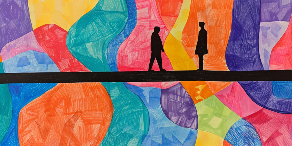 Silhouetted Figures on a Black Bridge Against a Background of Vibrant Abstract Shapes | The Religious Bigotry Mormons Face