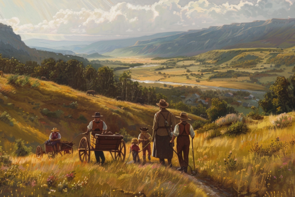 A family of pioneers pulling a handcart in a scenic valley representing the Pioneer Day legacy.