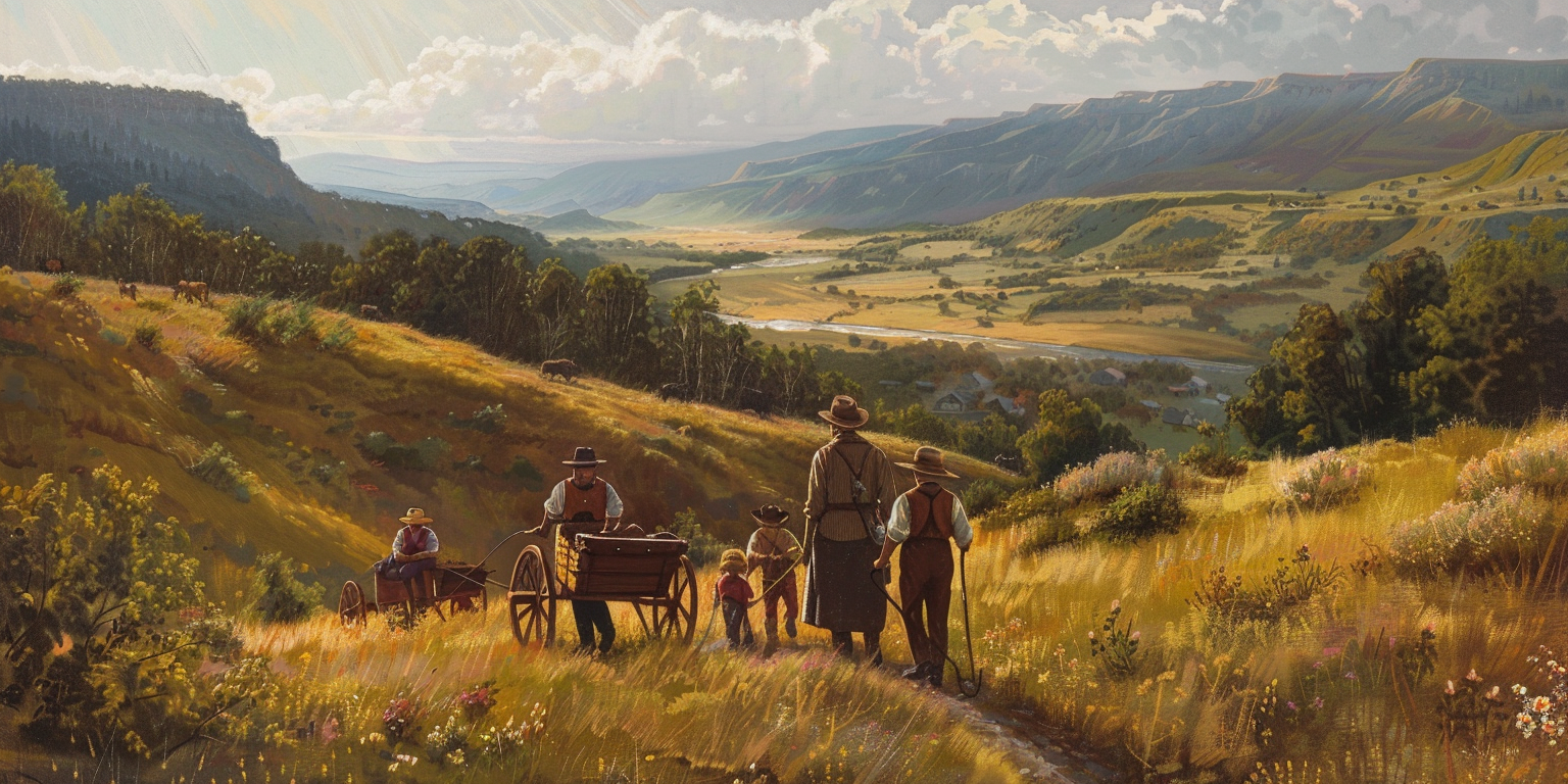 A family of pioneers pulling a handcart in a scenic valley representing the Pioneer Day legacy.
