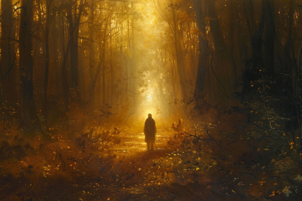 A person steps from a dark forest into a sunlit clearing, symbolizing how moral law leads to freedom.