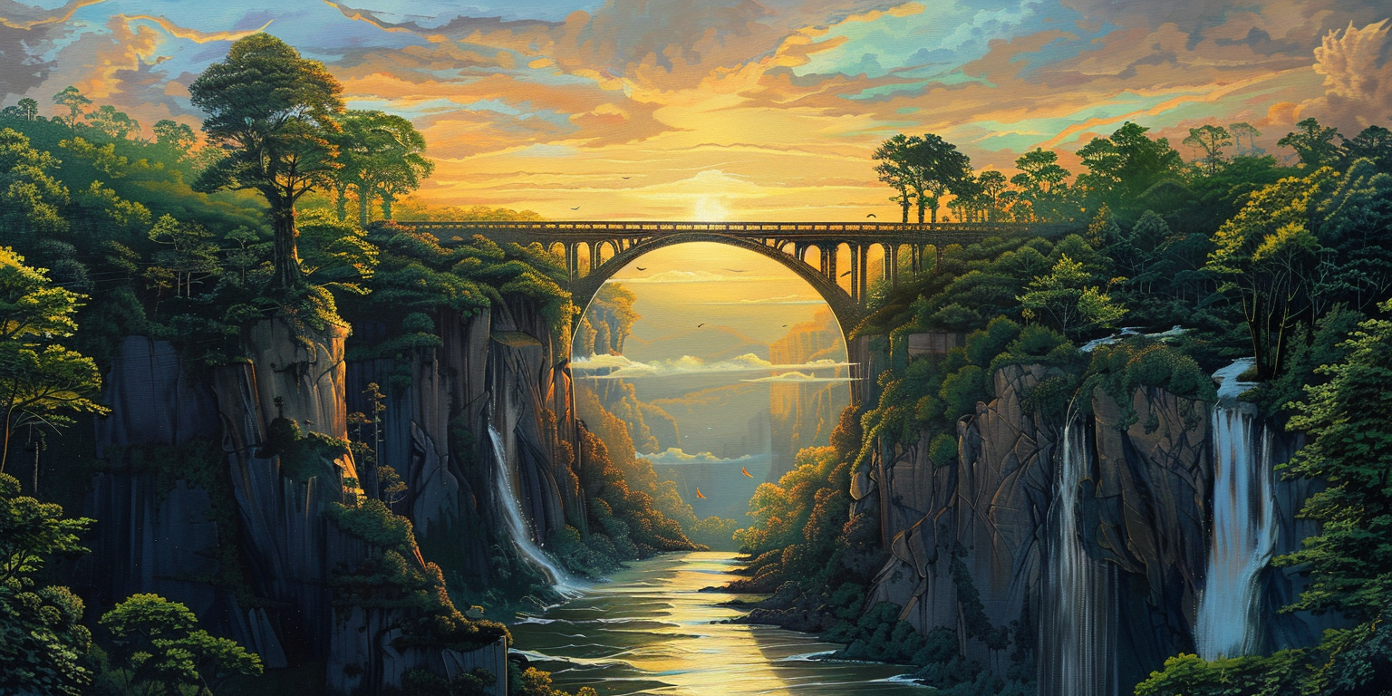 A majestic bridge spanning a vast chasm, symbolizing the connection between science and religion.