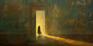 A person stands before a closed door with light seeping from underneath, symbolizing moral law and truth leading to freedom.