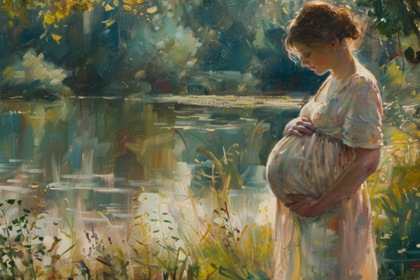 A pregnant woman holding her belly, symbolizing women's healthcare and life-affirming support.