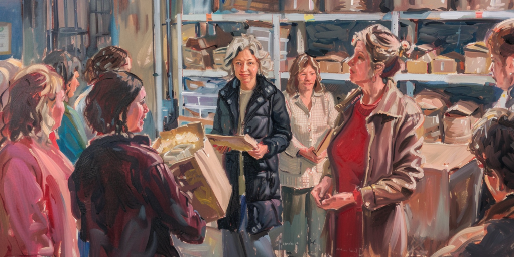 Woman leading volunteers to end world hunger.