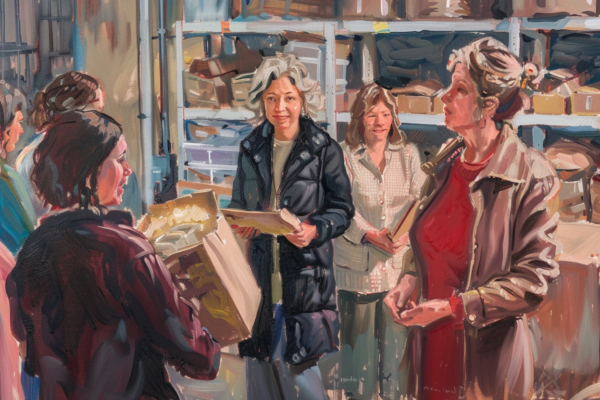 Woman leading volunteers to end world hunger.