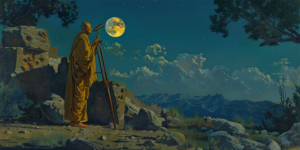 A monk and an astronomer jointly observing the night sky, showing the blend of science and religion.