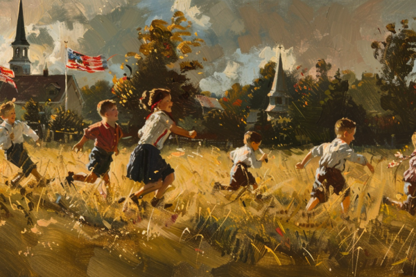Children playing with American flags, representing LDS faith and patriotism amid Christian Nationalism.