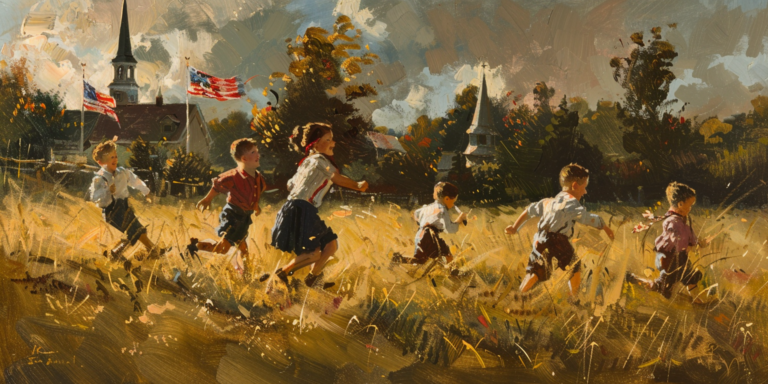 Children playing with American flags, representing LDS faith and patriotism amid Christian Nationalism.