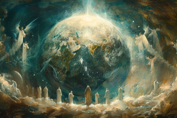 View of Earth from afar with angels and souls looking down, symbolizing the eternal soul's connection to the earthly realm.