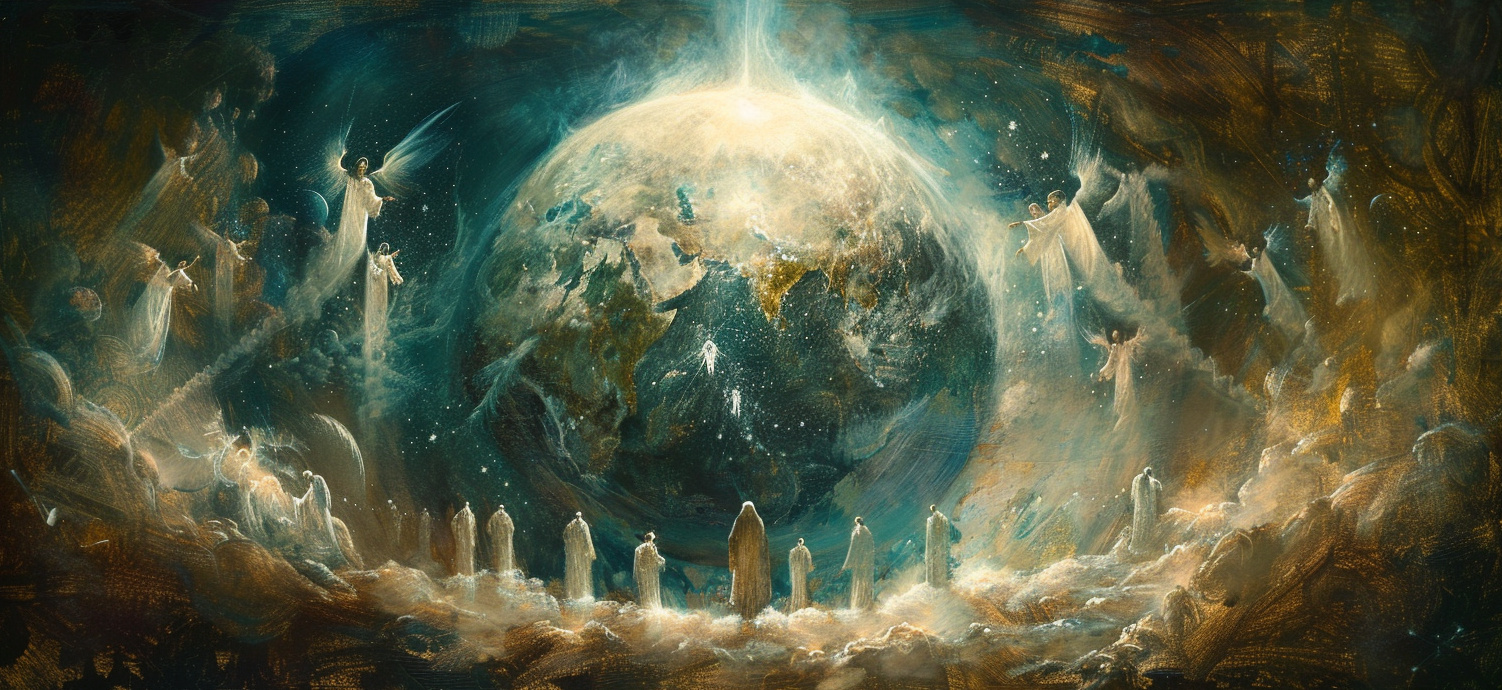View of Earth from afar with angels and souls looking down, symbolizing the eternal soul's connection to the earthly realm.