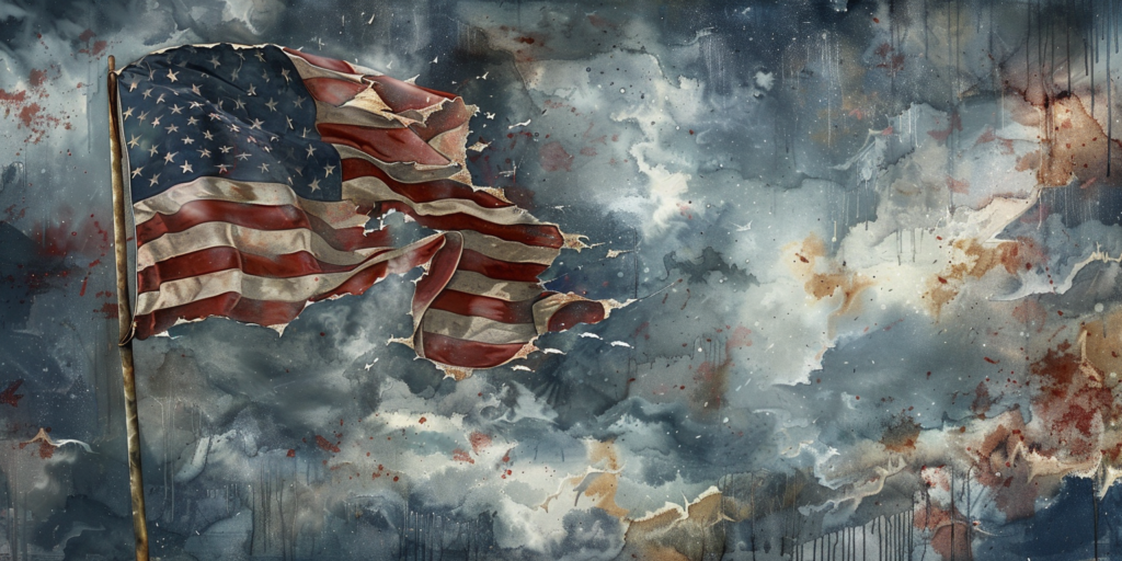 A torn American flag symbolizing the impact on national unity after the trump assassination attempt.