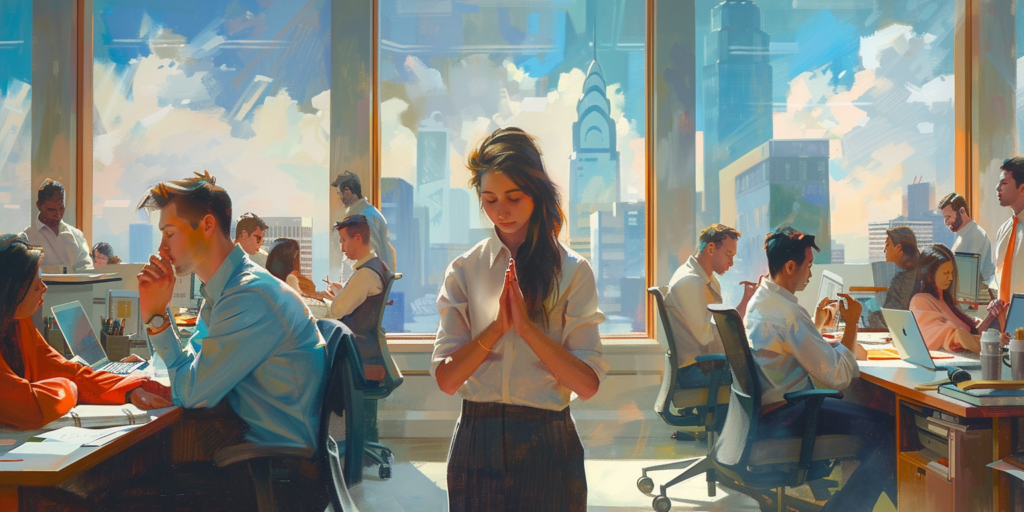 Employee Praying in a Busy Office Building | Public Square Magazine | Faith in the Workplace | DEI Meaning