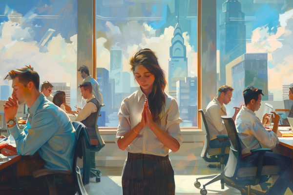 Rethinking DEI: The Crucial Role of Religion in Workplace Belonging Employee Praying in a Busy Office Building | Public Square Magazine | Faith in the Workplace | DEI Meaning