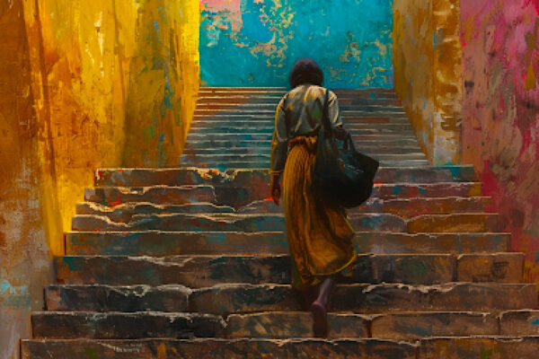 A Letter To My Fellow Perfectionists A person climbing an endless staircase burdened by heavy bags, symbolizing how perfectionism is the enemy of progress.