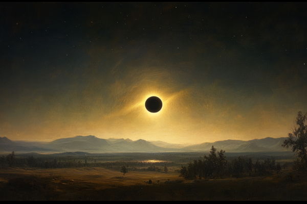 A solar eclipse over a serene landscape, symbolizing the profound and mysterious nature of grace in Christianity.