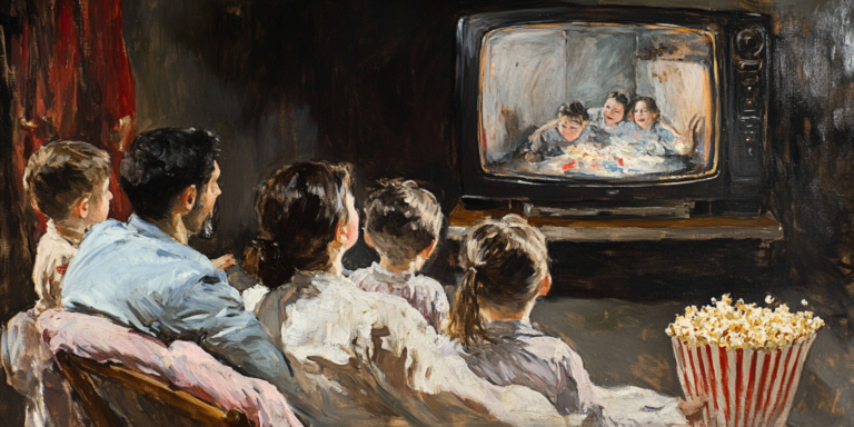 Family with Popcorn Watching an Old TV | Public Square Magazine | Mormon Stereotypes | Stereotypes About Mormon Families