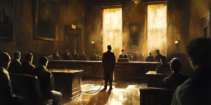 A man stands before a harsh judge in a dimly lit courtroom, symbolizing the tension between justice and grace in Christianity.